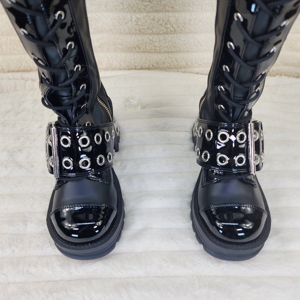 Bratty Big Buckle Strap Drape Chain Block Heel Stretch Thigh Goth Boots - Picture 7 of 15